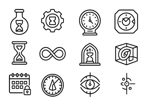Temporal Alchemy Icons. Outline icon set of Temporal Alchemy: time flask, chrono gear, holographic hourglass,