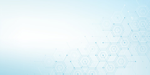 Modern health care or medical background design. Health care innovation concept. Horizontal header web banner. Abstract geometric background with hexagon shapes for medicine, science, chemistry.