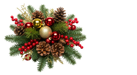 Festive Christmas arrangement with pine cones, red berries, ornaments, and fir branches for holiday decor isolated on white transparent background