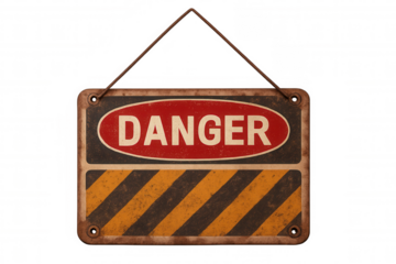 Grungy metal danger sign hanging with rusty wire on a transparent background, warning of potential hazards