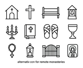 Remote Monastery Icon Set. Outline icon set of remote monasteries: chapel, cross, wooden bench, bell tower,