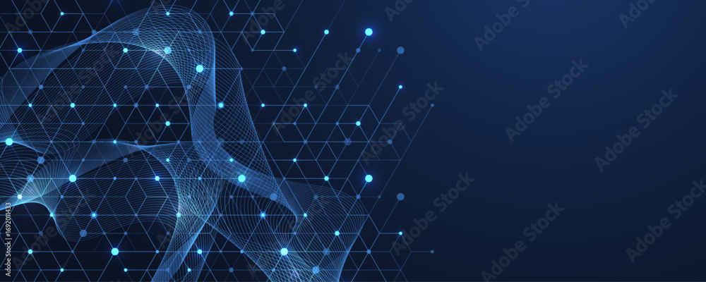 Poster abstract digital blockchain cube blocks concept. 3d big data cubes quantum computer technology idea.