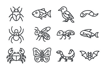 Bio-Inspired Robotics Icons. Outline icon set of bio-inspired robotics: robotic insect, robotic fish, robotic