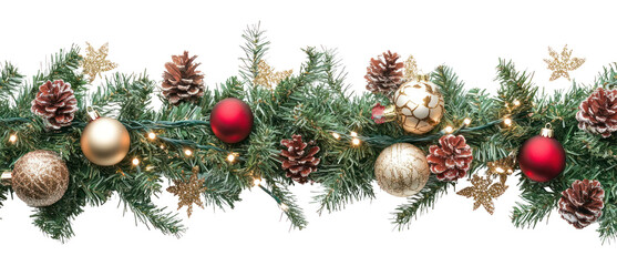PNG Seamless decorative christmas border with coniferous branches and garlands of christmas lights and ornaments accessories decorations celebration.