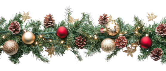 PNG Seamless decorative christmas border with coniferous branches and garlands of christmas lights and ornaments accessories decorations celebration.