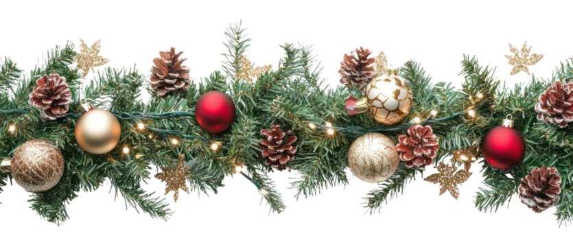 PNG Seamless decorative christmas border with coniferous branches and garlands of christmas lights and ornaments accessories decorations celebration.