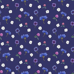 Seamless pattern of cornflowers, clover and cotton on a blue background