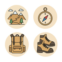 Hiking icons mountains, compass, backpack, boots