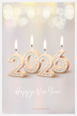 2026 Happy New Year greeting card vector background. 2026 candle numbers with fire on beige. Festive sparkle holiday postcard, invitation, banner for social media.