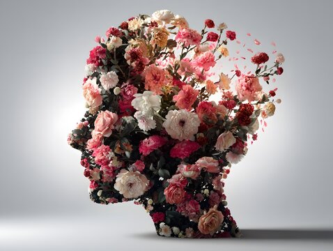 Abstract exploding bouquet creating silhouette of human head with flowers in motion