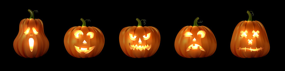 Halloween glowing pumpkins on black background with carved scary, funny, spooky and stitched faces. Festive jack lantern collection in dark night style. Holiday vector illustration.