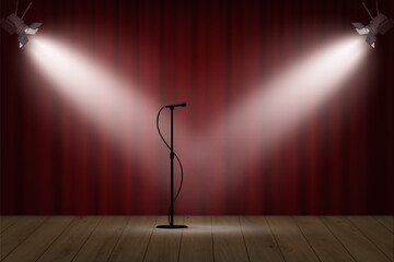 Microphone with spotlight on stage. Stand-up comedy wooden stage with spotlight beams, red theater drape, wooden floor and empty mic. Realistic vector illustration