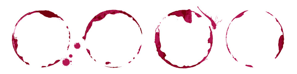 Wine glass stains set. Red circular wine rings and splashes on white background. Realistic beverage marks collection for bar or restaurant design, menu decoration. Texture vintage vector illustration.