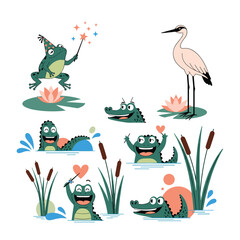 Obraz premium Whimsical forest creatures including a frog a bird and happy alligators