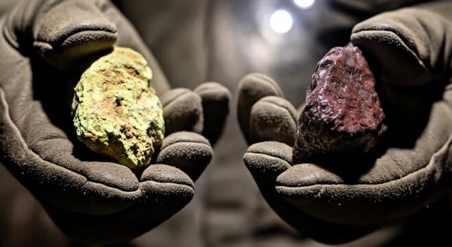 video, closeup, a miner's hand holding uranium and thorium stones, materials, nuclear, mining industry, ore