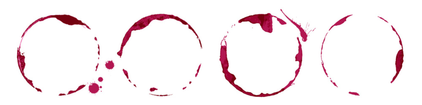 Wine glass stains set. Red circular wine rings and splashes on white background. Realistic beverage marks collection for bar or restaurant design, menu decoration. Texture vintage vector illustration.