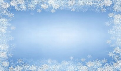 Light-blue background framed by white snowflakes