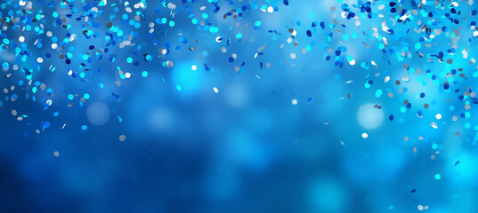 Viel Konfetti in blau mit Bokeh Lichtern und Textfreiraum für Werbung