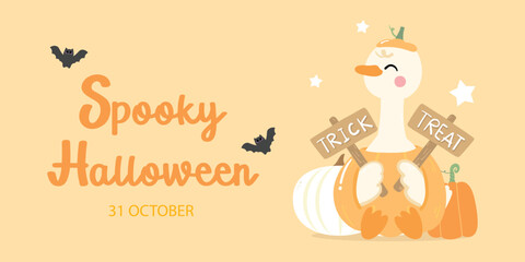 Happy halloween greeting card or background. Silly goose pumpkin fall leaves, Trick or treat sign with cute bat concept Spooky night invitation party illustration flat vector.