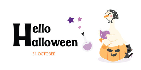 Happy halloween greeting card or background. Silly goose witch bookish, pumpkin and black cat concept Spooky night invitation party illustration flat vector.
