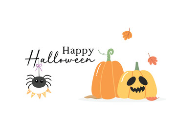 Happy halloween greeting card or background. Pumpkin and Spider with fall leaves concept Spooky night invitation party illustration flat vector.