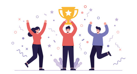 Diverse Team Celebrates Winning Championship Trophy.