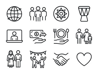 Climate Diaspora Icons. Outline icon set of Climate diaspora: globe with arrows, community gathering, cultural