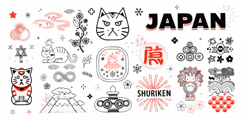 Collection of japanese cultural icons and symbols in a hand drawn doodle style