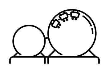 Line icon. Extreme attraction roller coaster with dangerous pirouettes and happy passengers in the cars. Simple black and white vector isolated on white background © RNko