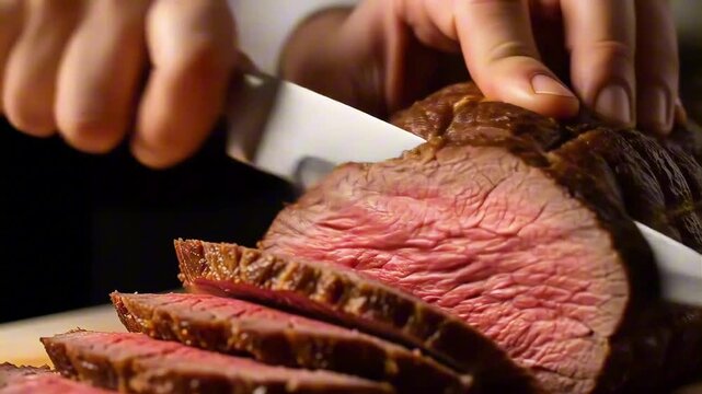 Chef slices tender roast beef on a wooden cutting board. the medium rare meat has a juicy pink center. high quality culinary cooking footage.