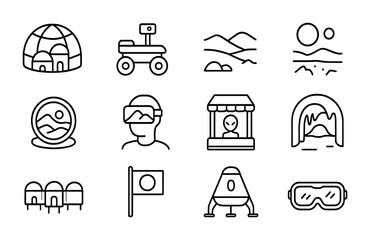 Mars Tourism Icons. Outline icon set of Mars tourism: Mars dome city, rover ride, red desert, twin moons view,