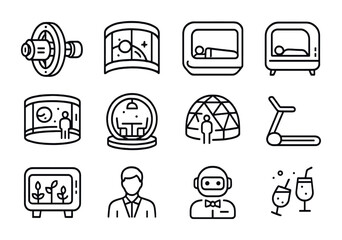 Orbital Hotel Icons. Outline icon set of Orbital hotels: rotating habitat, panoramic window, sleeping pod,