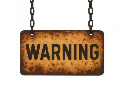 Weathered warning sign dangling from rusty chains, signaling potential hazards and heightened safety awareness