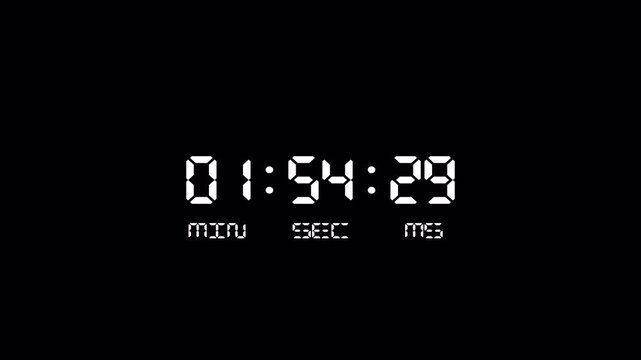 2 minutes countdown timer stopwatch with transparent background with minutes, seconds, milliseconds, two minutes Countdown animation video with alpha channel.