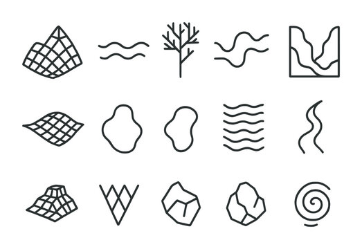Procedural Landscape Icons. Outline icon set of Procedural Landscapes: mountain mesh, wave line, fractal tree,