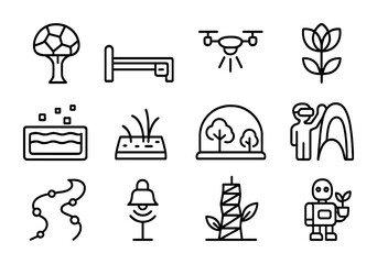Naklejka premium Futuristic Park Icons. Outline icon set of Futuristic Parks: synthetic tree, smart bench, drone light, neon