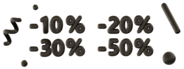 Fur fluffy discount numbers minus 10, 20, 30, 50 percent price for black friday sale banner. Puffy balloon digits, abstract geometric shapes spiral line ball with hairy texture render