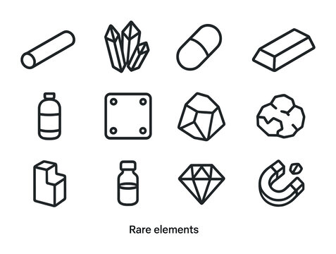 Rare Elements Icons. Outline icon set of Rare Elements: platinum rod, cobalt crystal, uranium capsule, gold
