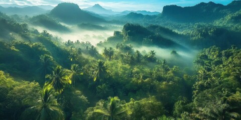 Beautiful landscape tropical island sky blue white clouds A lush jurassic forest