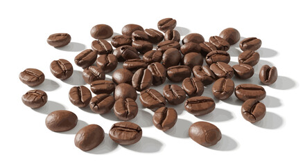 Obraz premium Roasted coffee beans scattered on a white background, showcasing their rich brown color and natural texture.