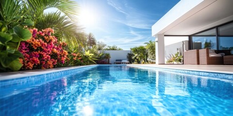 Beautiful swimming pool crystal clear blue water is Luxurious summer retreat