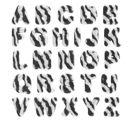 3d zebra alphabet with fur animal skin texture. Fluffy font letters with white black striped pattern. Soft plush safari type, cute jungle print, wool capital characters render set