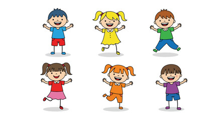 Six Cheerful Cartoon Children Jumping Joyfully.