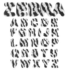Zebra alphabet, fluffy font letters with african wild animal skin print. English abc with fur striped pattern for kids. Safari type with white black hairy texture, isolated render set