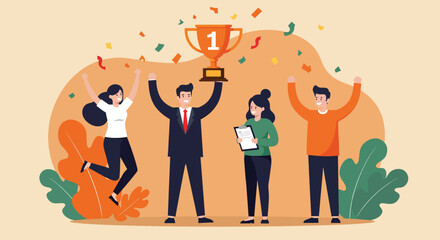 Team Celebrating Victory Holding Trophy and Confetti.