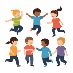 Diverse group of happy children running jumping playing together outdoors fun activity