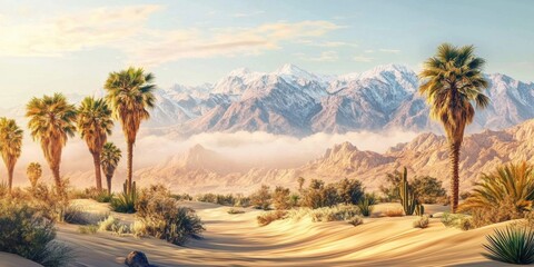Naklejka premium Landscape photograph desert-like area tall palm trees shrubs A picturesque desert