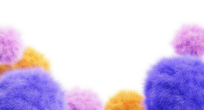 Cute fur fluffy frame with soft plush colorful balls. Pastel pink blue yellow spheres on white 3d background. Birthday banner template with border of fuzzy wool orb with hair texture