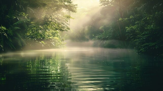 Misty river in lush jungle