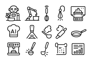 Fototapeta premium Robotic Kitchen Icons. Outline icon set of Robotic cooking assistants: cooking bot, stirring arm, smart whisk,